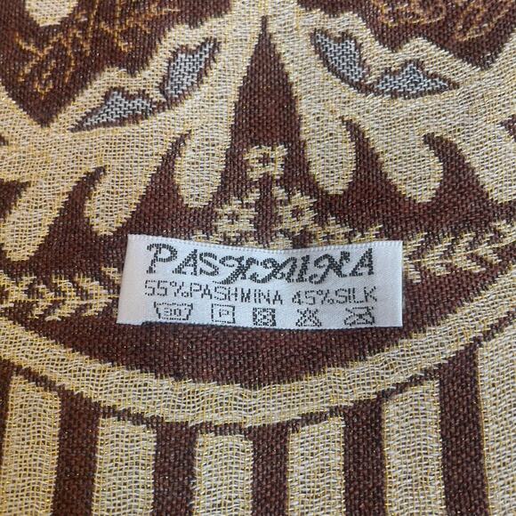 Cashmere Silk Pashmina Fringe Brown Gold Metallic - Picture 5 of 6